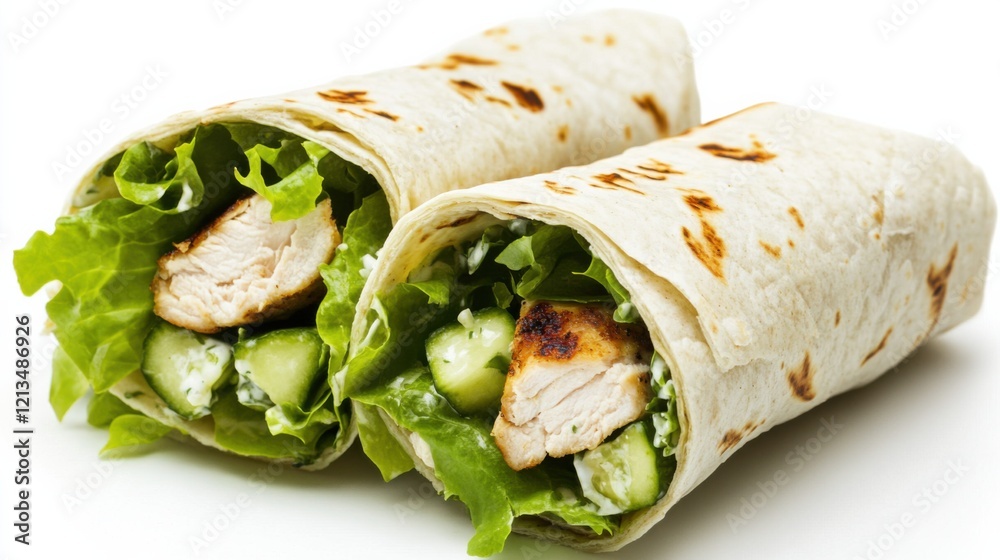 A succulent chicken Caesar wrap stuffed with crisp romaine lettuce, grilled chicken, and creamy Caesar dressing A succulent chicken Caesar wrap stuffed with crisp romaine lettuce, grilled chicken, and creamy Caesar dressing