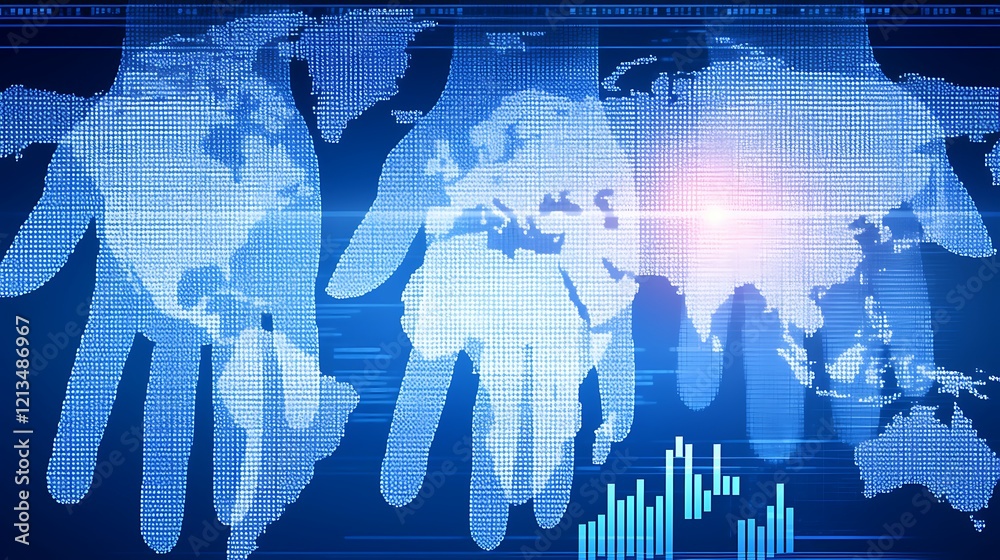 Global network, digital hands holding world map with stock market graph. Global network, digital hands holding world map with stock market graph.