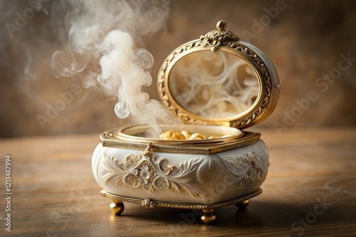 An ornate music box with an ivory lid slowly releases a puff of slimy mist that coats the delicate mechanisms within, antique charm, vintage feel, ivory, slimy mist, enchanted object photo