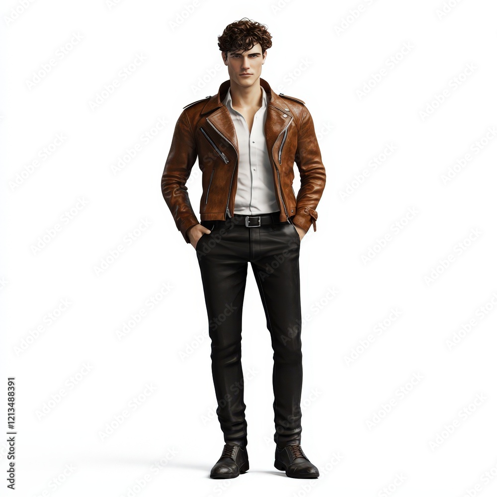 A young man models a brown leather jacket and black pants A young man models a brown leather jacket and black pants