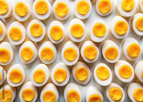 Elevated view of halved hard-boiled eggs, a visual representation of egg-cellent symmetry.