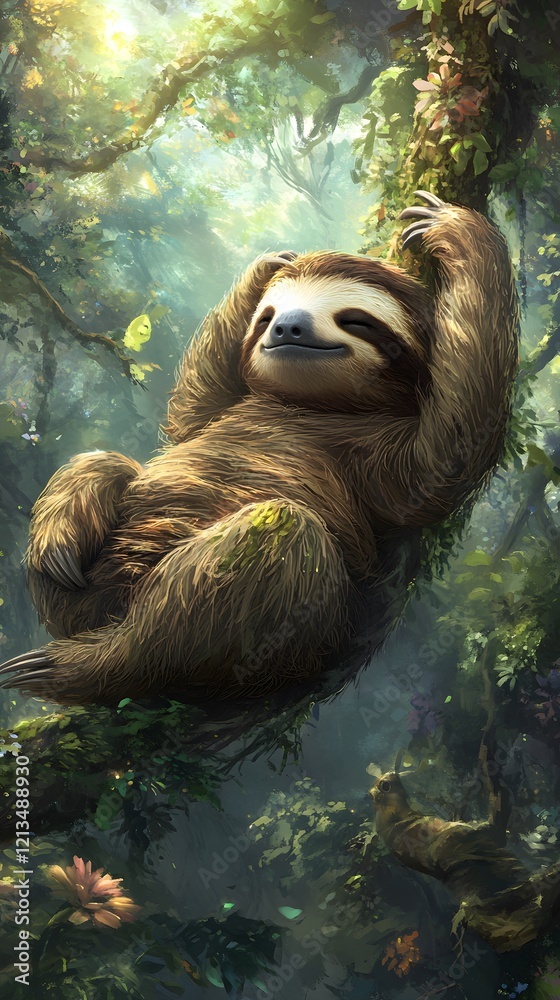 Obraz premium A sloth taking a break, hanging lazily from a tree branch, relaxing in a forest