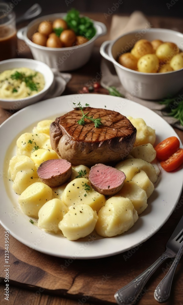 beautiful arrangement of boiled potatoes mashed into a creamy dish served alongside a beef steak, home cooked meal, flavorful, comfort food beautiful arrangement of boiled potatoes mashed into a creamy dish served alongside a beef steak, home cooked meal, flavorful, comfort food