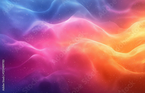 A vibrant, multicolored gradient background with a textured canvas effect, focused on a face.
