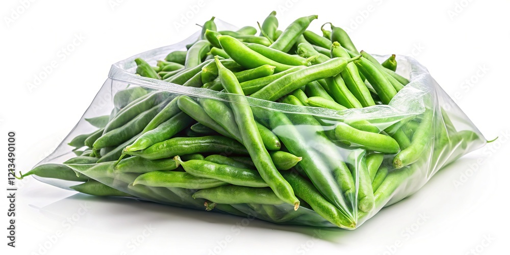 Fresh green beans, crisp and vibrant, fill a simple grocery bag. An AI-rendered image. Fresh green beans, crisp and vibrant, fill a simple grocery bag. An AI-rendered image.