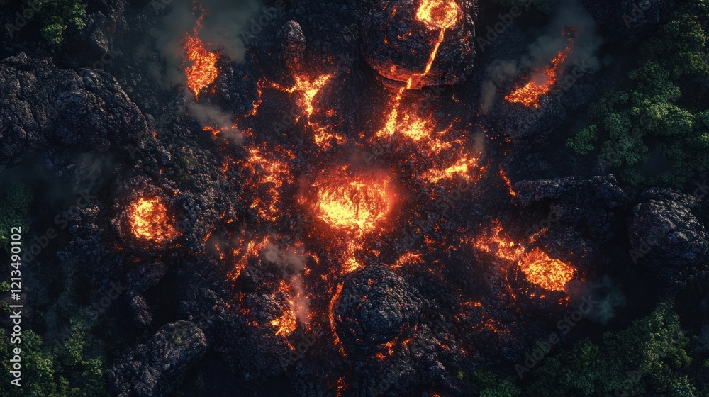 Fototapeta premium Aerial View of Volcanic Eruption: A Fiery Inferno in the Night