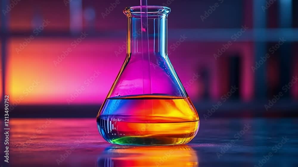Colorful liquid being poured into a laboratory flask with vibrant lighting in the background