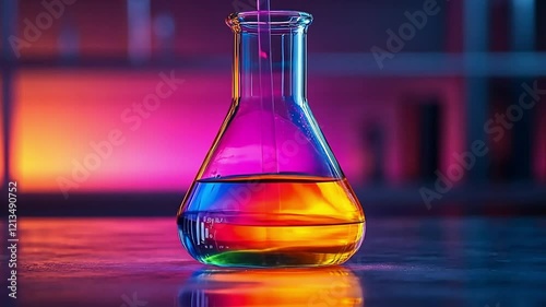 Colorful liquid being poured into a laboratory flask with vibrant lighting in the background