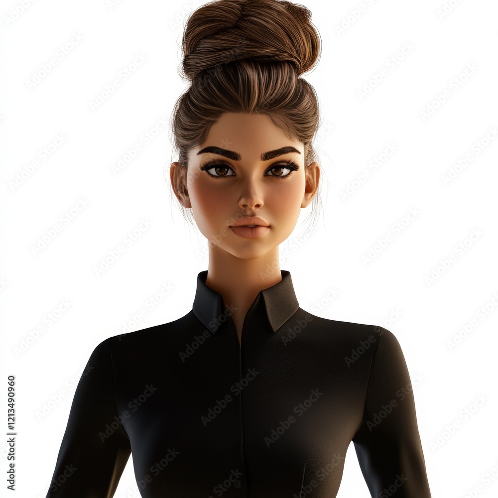 Stylish Woman Portrait Dark Shirt Topknot Hairdo Stylish Woman Portrait Dark Shirt Topknot Hairdo