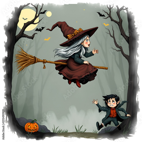 Gnome girl witch riding her broom, flying above a haunted forest with the boy vampire running below, both ready for a night of Halloween mischief photo