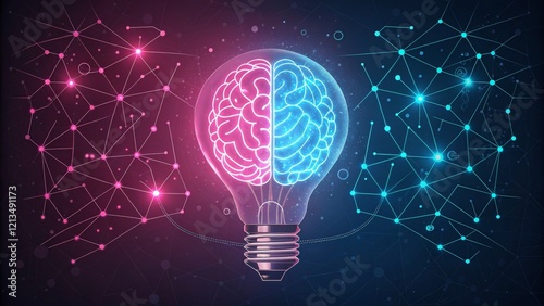 Brain in Lightbulb Network Concept, Abstract Digital Art, Neon Pink and Blue, 3D Render Neural Network,Idea Generation