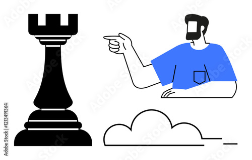 Man points at a chess rook. Minimalistic lines and bold blue shirt. Ideal for strategy, leadership, decision-making, guidance, planning, foresight problem-solving. Abstract line flat metaphor