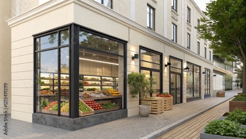 Corner Grocery Store 3D Render, Beige Facade, Fresh Produce, Window Display, Urban Retail Grocery store design, retail architecture