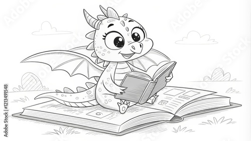 Cute Dragon Reading Book Sk...