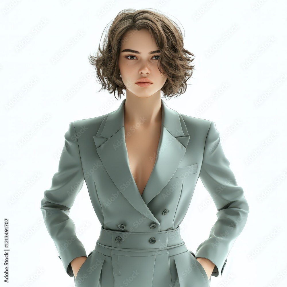 Stylish Woman in a Sage Green Double Breasted Suit Stylish Woman in a Sage Green Double Breasted Suit