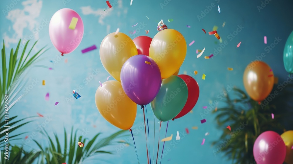 A bunch of helium birthday balloons in bright colors floating in the air, with confetti falling and party decorations in the background, creating a festive and celebratory atmosphere