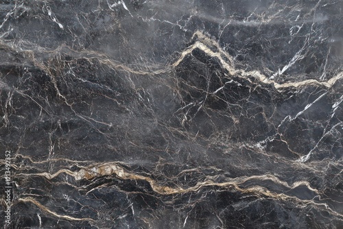 A textured black marble surface with shimmering golden veins creating a sophisticated look. photo