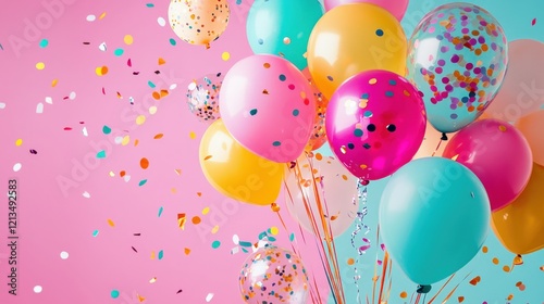 A bunch of helium birthday balloons in bright colors floating in the air, with confetti falling and party decorations in the background, creating a festive and celebratory atmosphere photo