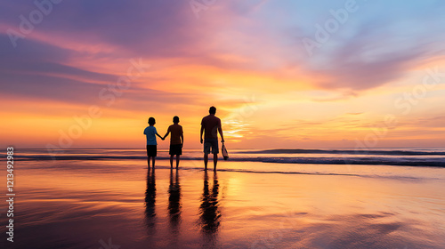 Family magnet fishing at sunrise, vibrant colors reflecting on the water, bonding and outdoor adventure photo