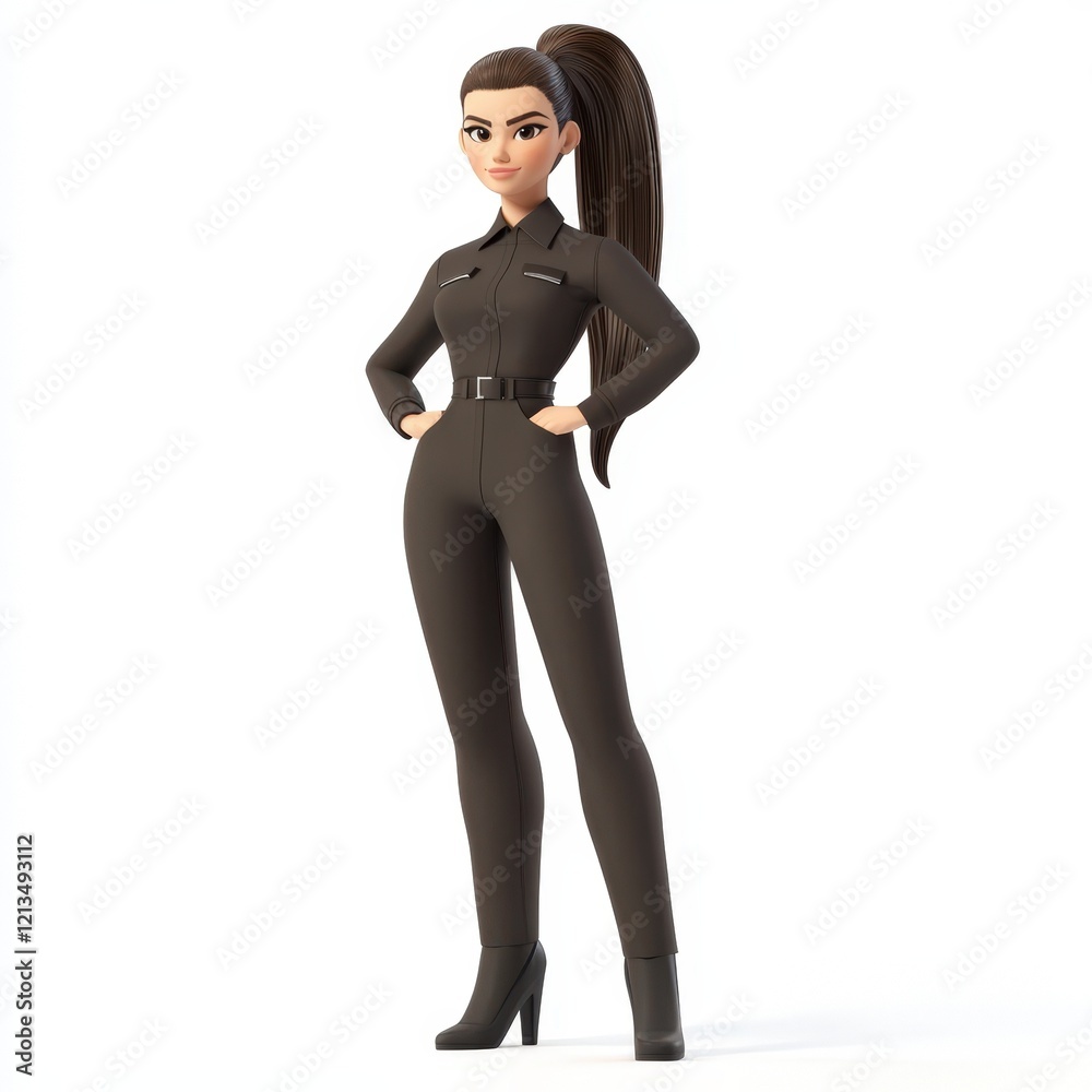 Fototapeta premium Confident Cartoon Woman in Dark Jumpsuit