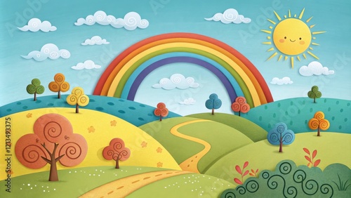 Paper Art Rainbow Landscape Hills, Trees, Sun, Clouds, Composition, Digital Illustration, whimsical