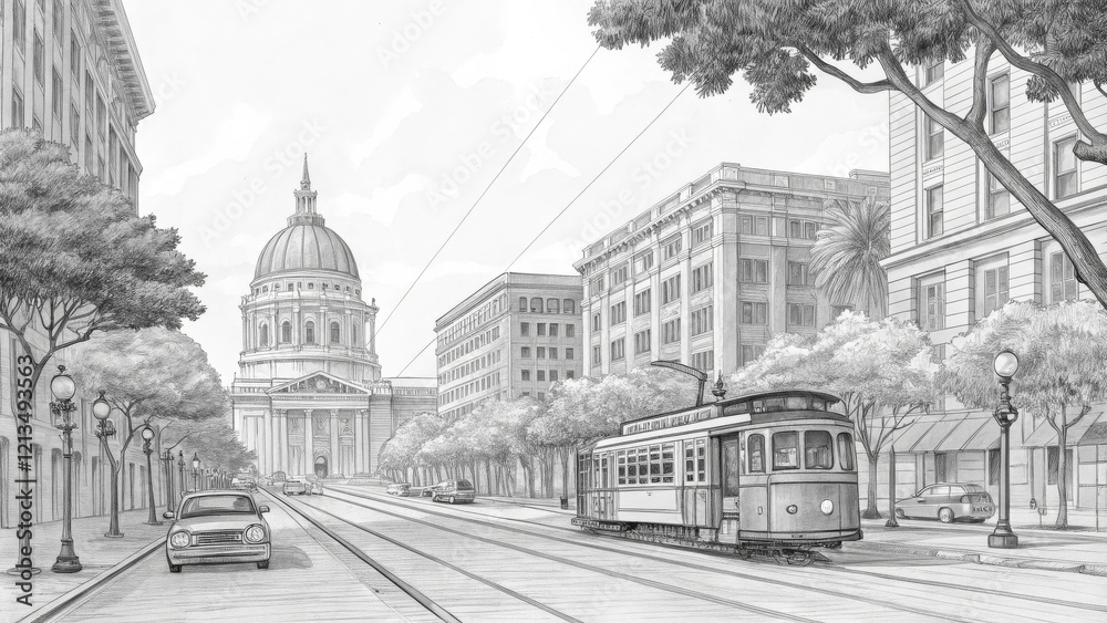 Obraz premium Pencil Sketch Cityscape with Tram, Dome Building and Classic Cars, urban landscape, street scene Cityscape, Pencil Drawing