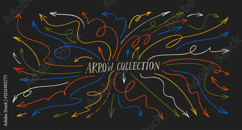 Crayon drawn squiggle and wavy arrows collection. Vector hand drawn long thin arrows with loops, straight strokes, freehand various curved lines. Doodle marker drawing, scribbles and scrawls.