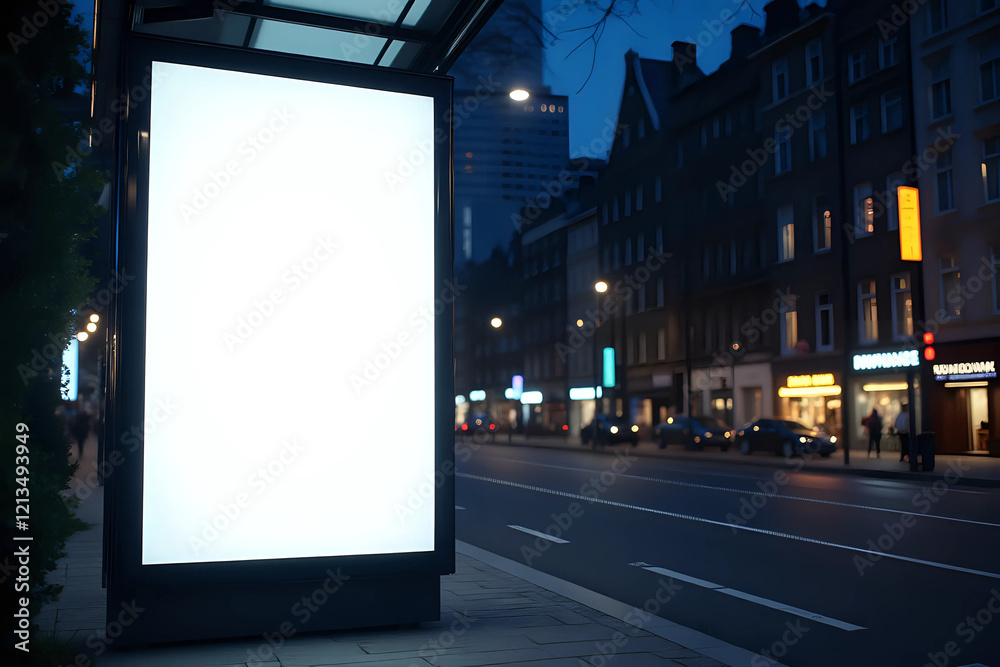 Vertical blank glowing billboard at bus stop on the night city street. In the background buildings and road. Mock up.