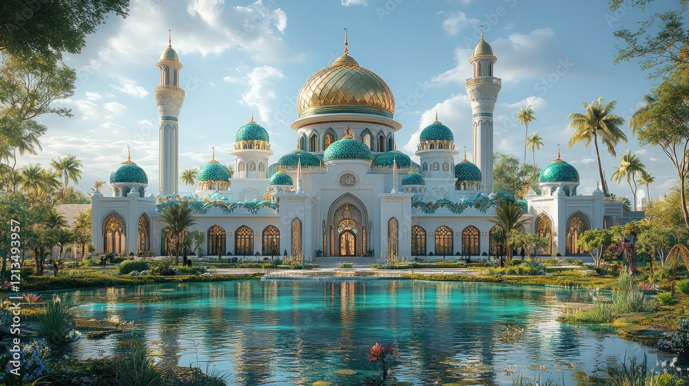 Fototapeta premium Majestic Mosque, Tropical Oasis, Daytime Render, Peaceful Reflection