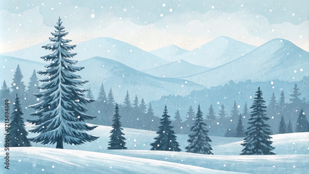 Fototapeta premium Snowy Mountain Winter Landscape Watercolor Painting, Blue Hues, Serene Scenery, Christmas card, winter background Winter Wonderland, Watercolor Painting