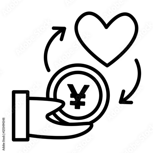 An icon that represents spending money on things you love. A yen coin has changed into a heart.