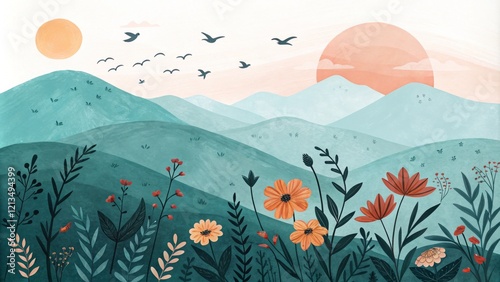 Teal Mountain Landscape wit...