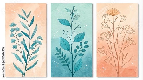 Triple Watercolor Botanical Print Peach and Teal Floral Artwork, minimalist art, wall decor minimalist art, wall art