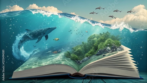 Underwater Ocean Book Whale, Sharks and Coral Reef Composition, Surrealism, Fantasy, Digital Art Surrealism, Fantasy art