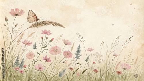 Watercolor Floral Meadow Composition Pastel Pink Flowers, Butterfly, Vintage Texture, Botanical Art Floral art, botanical illustration