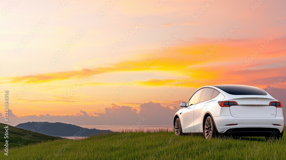Naklejka premium ev car concept. A white car parked on a grassy hill under a vibrant sunset sky.