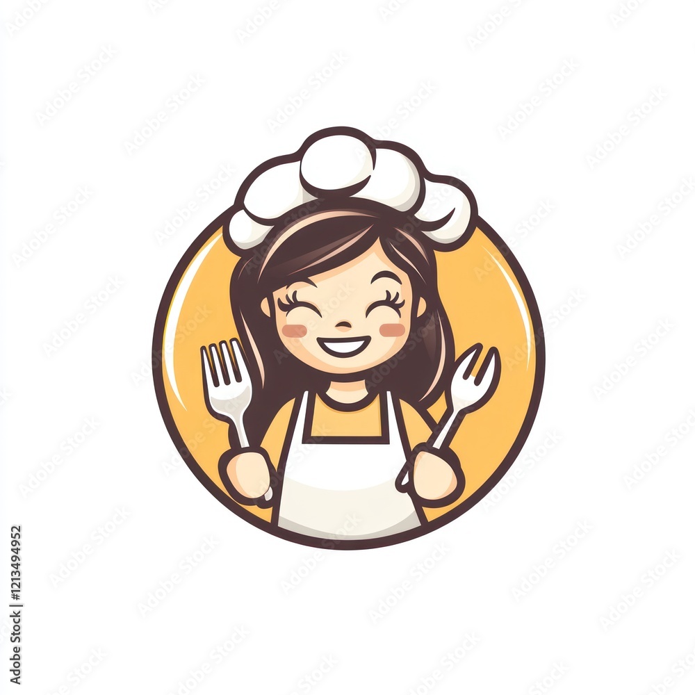 Cartoon chef girl holding forks, happy expression, circular design Cartoon chef girl holding forks, happy expression, circular design