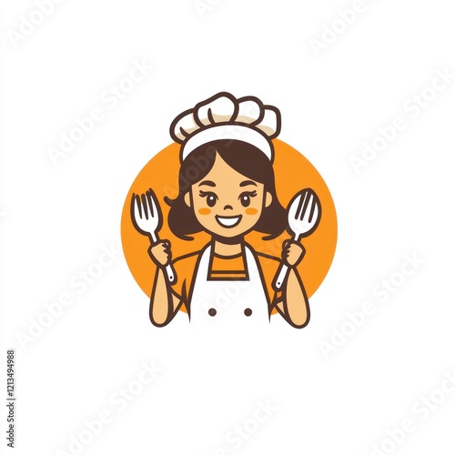 Cute cartoon chef holding utensils, smiling, on orange background. Possible use Cookbook cover, restaurant logo photo