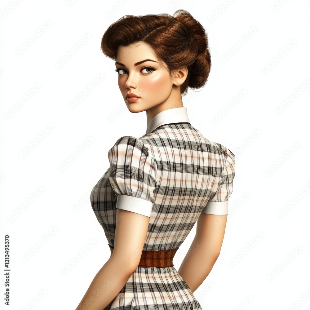 Retro Woman in Plaid Dress Posing Elegantly Retro Woman in Plaid Dress Posing Elegantly