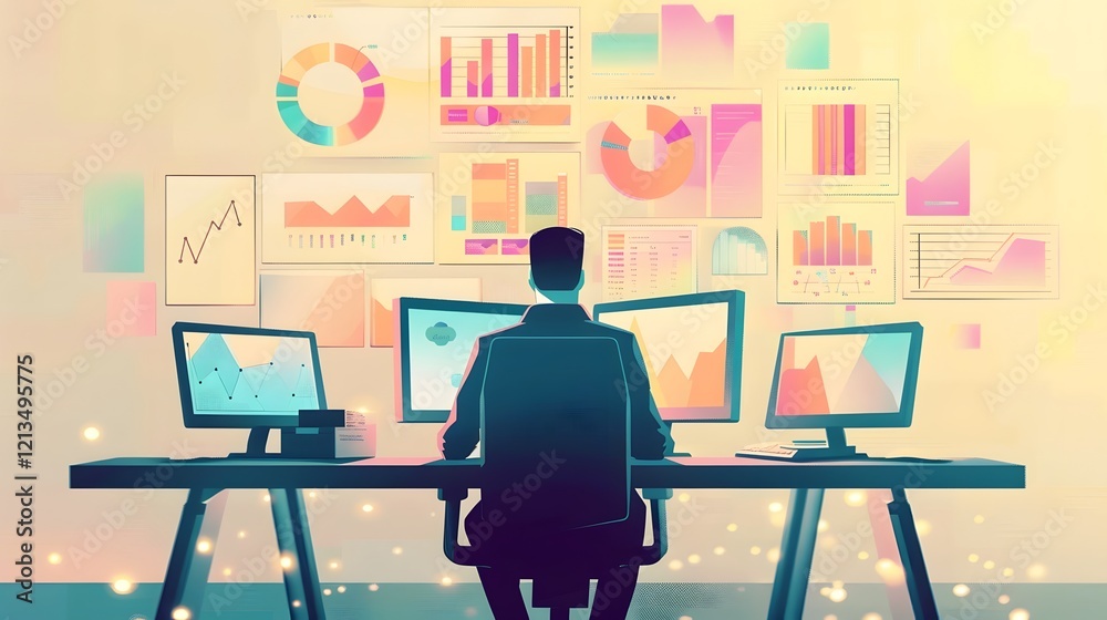 Modern Data Analytics Dashboard on Desk with Glowing Screens in Pastel Tones