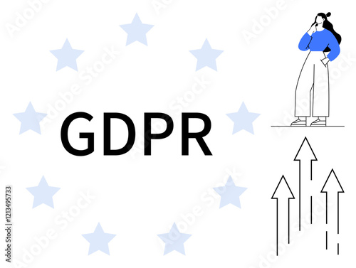 GDPR text encircled by stars. Individual thinking, holding tablet. Arrows pointing upwards. Ideal for data protection, compliance, regulation, digital rights security privacy growth. Abstract line