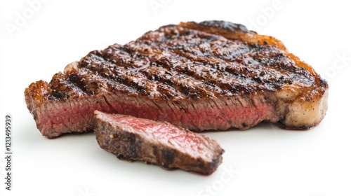 A succulent steak cooked to perfection, its rich aroma wafting through the air, Each slice showcasing its juicy tenderness and charred exterior