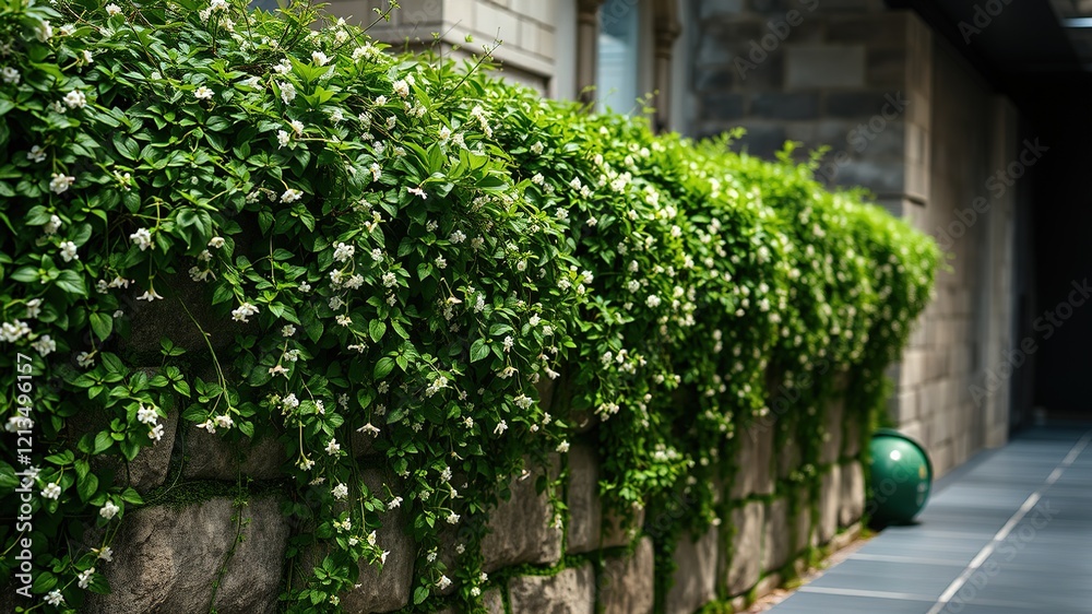 Lush Creeper Flowers on Ancient Stone Wall - AI Photo Lush Creeper Flowers on Ancient Stone Wall - AI Photo