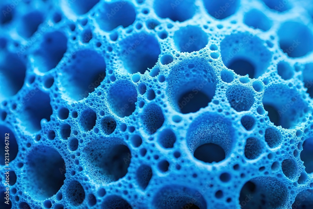 Macro view of a textured blue sponge's form. Macro view of a textured blue sponge's form.