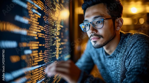 Focused Japanese man with glasses programming cyber security code, the reflection in his eyewear showcasing intricate code as he works to protect against modern hacking threats.