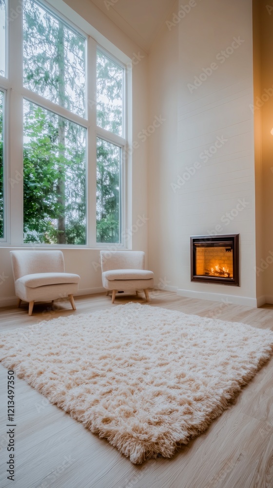 Fototapeta premium Cozy Farmhouse Living Room with Fireplace Shag Rug