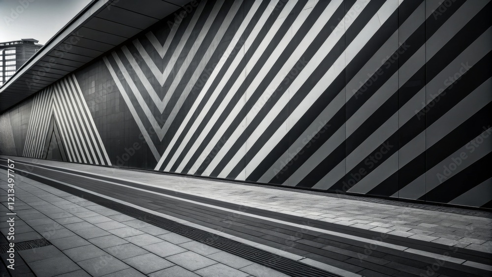 Naklejka premium Monochrome Cityscape Diagonal Stripes, Pavement Composition, Architectural Design, Black and White Photography Urban Design, Street Art