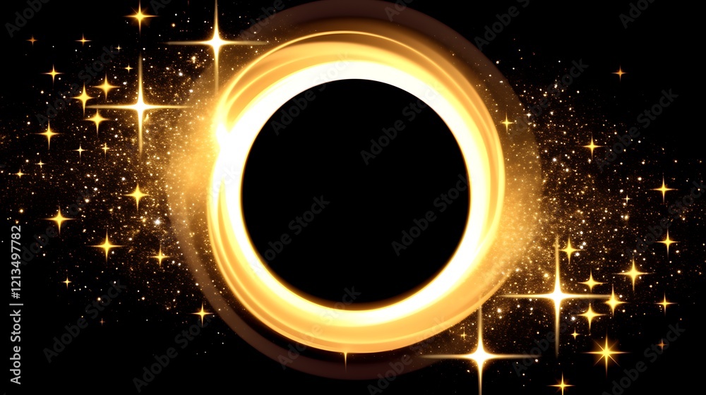 Fototapeta premium Golden glowing circle frame with stars.