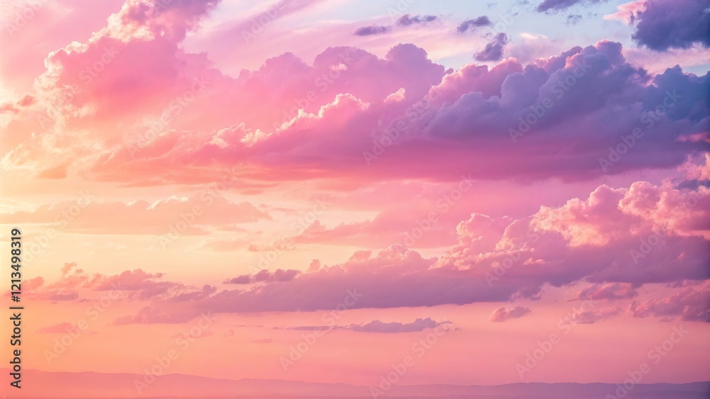 Fototapeta premium Pink Sunset Cloudscape Pastel Hues, Wide Composition, Serene Atmosphere, Pink Sky, Cloud Photography Cloudscape, Sunset Photography