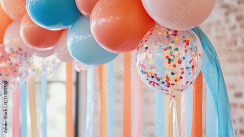 A close-up of birthday decorations featuring a colorful balloon arch, party streamers, and confetti-filled balloons, adding a touch of elegance to a festive birthday celebration